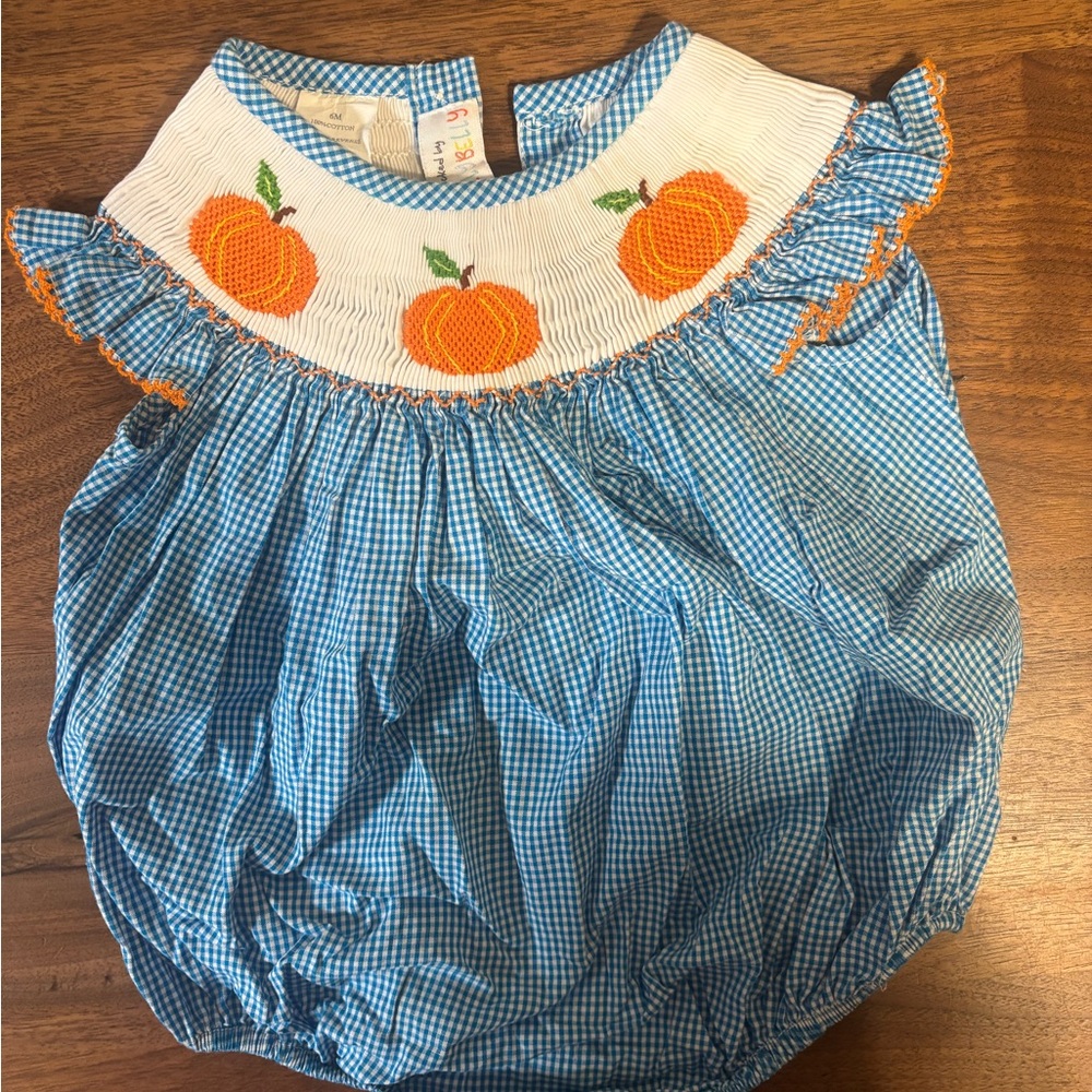 6 month Stelly belly Blue Gingham Baby Romper with Pumpkin Embroidery